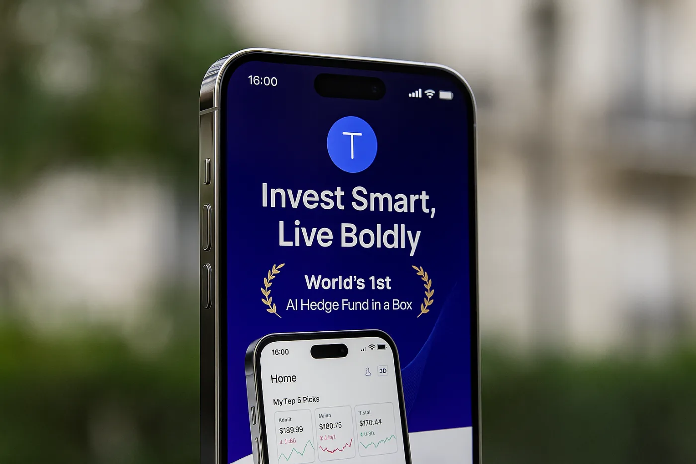 Smartphone displaying the TruthSayer AI app with the tagline “Invest Smart, Live Boldly” and the claim “World’s 1st AI Hedge Fund in a Box” on the screen, set against a blurred outdoor background.