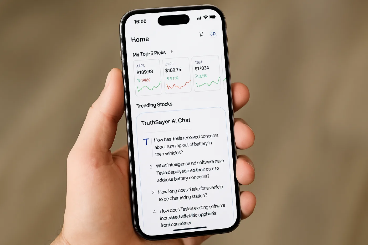A hand holding a smartphone displaying the TruthSayer AI app interface, showing a "Top-5 Picks" section with stock prices and a "TruthSayer AI Chat" feature offering AI-generated questions related to Tesla, set against a neutral indoor background.