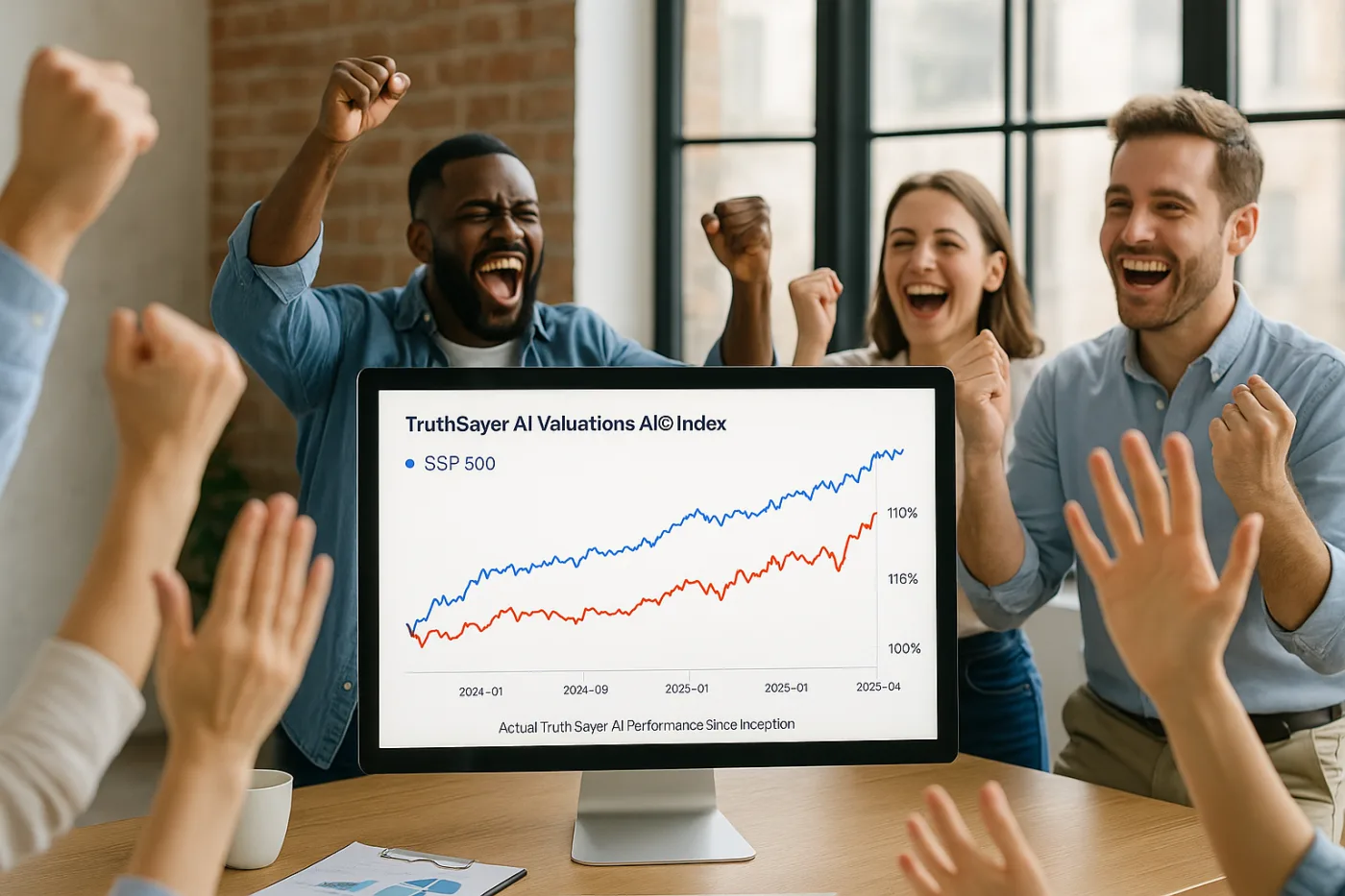 A diverse group of happy professionals cheer in celebration around a computer monitor displaying a performance chart labeled “TruthSayer AI Valuations AI© Index.” The chart shows TruthSayer AI outperforming the SSP 500 from early 2024 to mid-2025. The mood is enthusiastic, suggesting strong investment returns or business success.